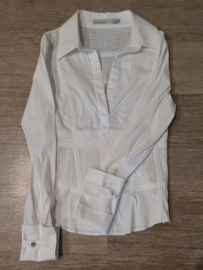 Karen Millen White Crochet-Panel Fitted Blouse Feminine Work Business